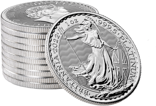 1 Unze Platin Britannia 2022 Münze vom Hersteller Royal Mint gestapelt