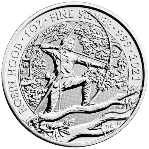 Vorderseite der 1 Unze Silber Mythen und Legenden Robin Hood 2021 von Hersteller Royal Mint