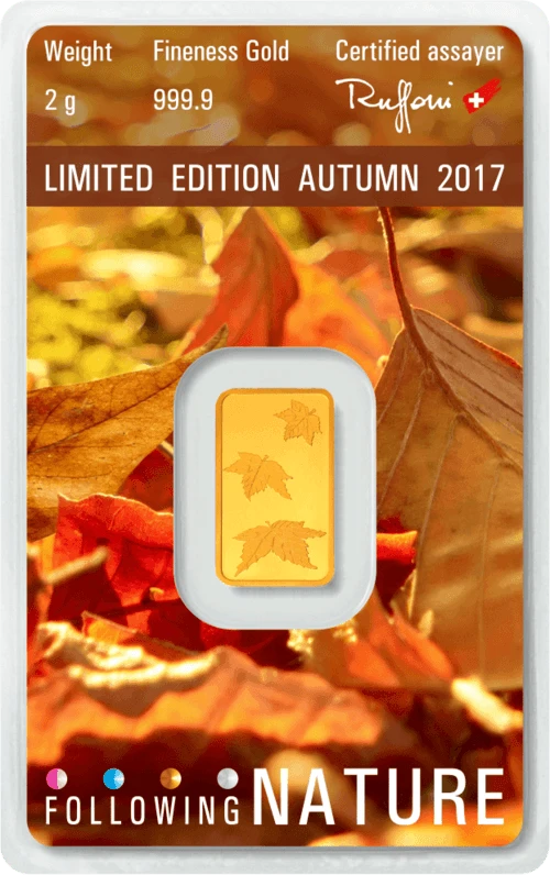 Rückseite Goldbarren Following Nature Limited Edition Autumn 2017 2 Gramm, der Hersteller Argor-Heraeus