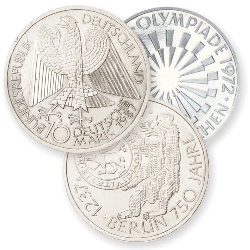 Vorderseiten der 10 DM Gedenkmünzen 1970 bis 1972 & 1987 bis 1997 von Hersteller Div. dt. Prägeanstalten