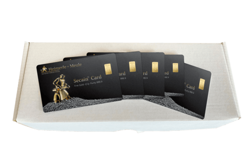 Obensicht mehrere Goldbarren Secain Card 200 x 0,5 Gramm, der Hersteller Heimerle & Meule