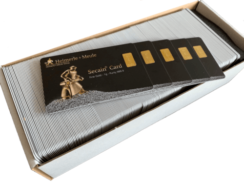 200 x 1 g Goldbarren Secain Card Box Heimerle und Meule