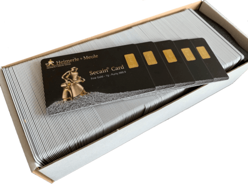 Goldbarren 200 x 1 Gramm Secain Card Box, der Hersteller Heimerle und Meule