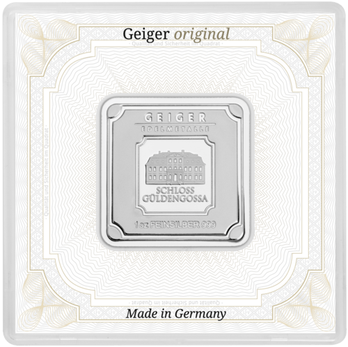 Vorderseite des 1 Unze Silberbarren Geiger original von Hersteller Geiger Edelmetalle AG