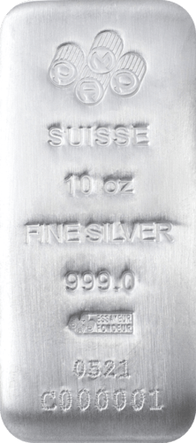Vorderseite des 10 Unzen Silberbarren PAMP Suisse von Hersteller PAMP 