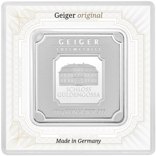 Vorderseite des 100 g Silberbarren Geiger original von Hersteller Geiger Edelmetalle 