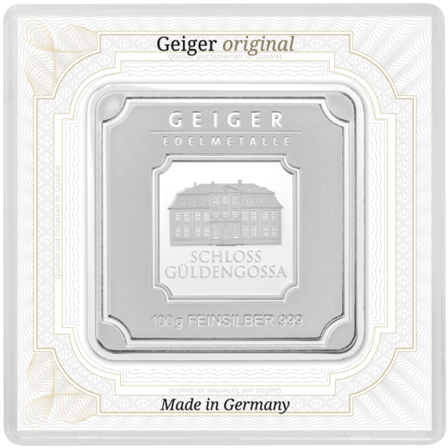 Vorderseite des 100 g Silberbarren Geiger original von Hersteller Geiger Edelmetalle 