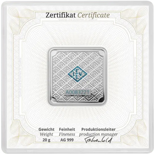Rückseite des 20 g Silberbarren Geiger original von Hersteller Geiger Edelmetalle AG mit originalem Echtheitszertifikat