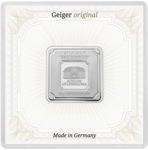 Vorderseite des 20 g Silberbarren Geiger original von Hersteller Geiger Edelmetalle AG