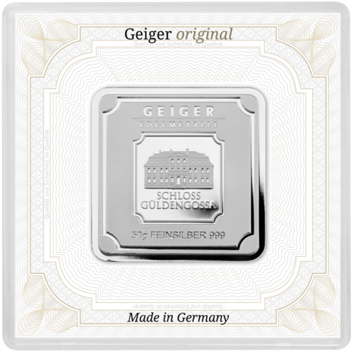 Vorderseite des 50 g Silberbarren Geiger original von Hersteller Geiger Edelmetalle AG