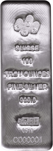 Vorderseite des 100 Unzen Silberbarren PAMP Suisse von Hersteller PAMP 