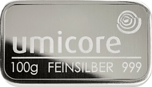 100 g Silberbarren Umicore geprägt von Hersteller Umicore