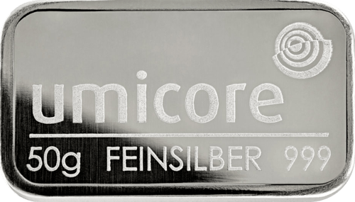 50 g Silberbarren Umicore geprägt von Hersteller Umicore