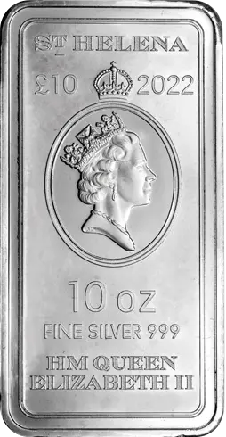 Vorderseite 10 Unzen Silber Münzbarren St. Helena Virtues Victory 2022, von dem Hersteller East India Company Vorderseite 10 Unzen Silber Münzbarren St. Helena Virtues Victory 2022, von dem Hersteller East India Company