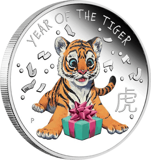 Vorderseite und Rand der 1/2 Unze Silber Tiger 2022 - Polierte Platte von Hersteller Perth Mint
