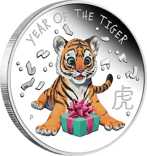 Vorderseite und Rand der 1/2 Unze Silber Tiger 2022 - Polierte Platte von Hersteller Perth Mint