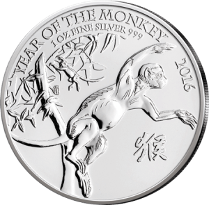 Vorderseite der 1 Unze Silber Lunar UK Affe 2016 von Hersteller Royal Mint