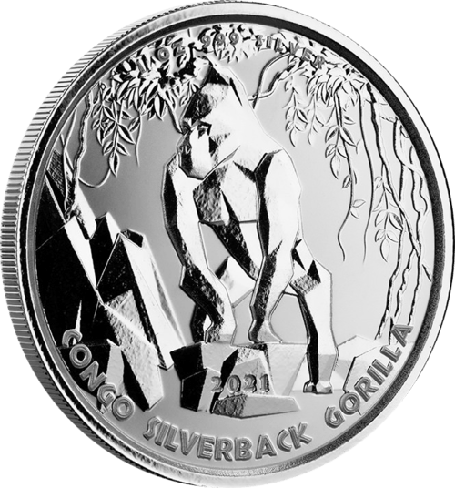 Vorderseite und Rand der 1 Unze Silber Kongo Silberrücken Gorilla 2021 von Hersteller Scottsdale Mint