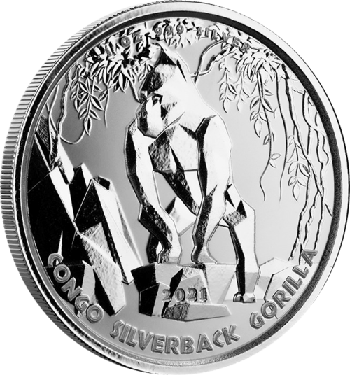 Vorderseite und Rand der 1 Unze Silber Kongo Silberrücken Gorilla 2021 von Hersteller Scottsdale Mint