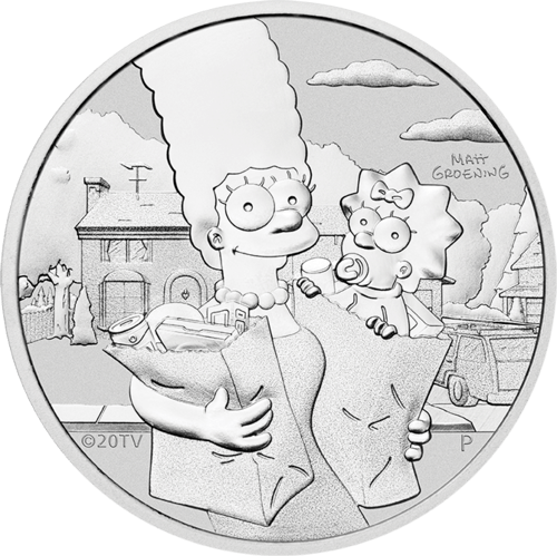 Vorderseite der 1 Unze Silber The Simpsons Marge und Maggie 2021 von Hersteller Perth Mint