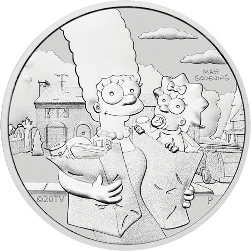 Vorderseite der 1 Unze Silber The Simpsons Marge und Maggie 2021 von Hersteller Perth Mint