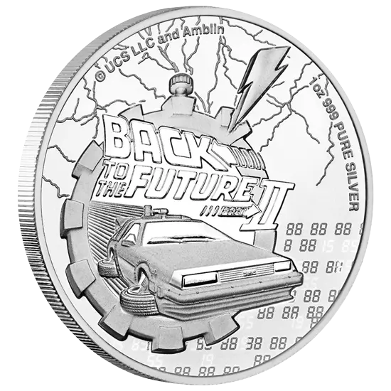 Vorderseite und Rand der 1 Unze Silber Zurück in die Zukunft II 2021 von Hersteller New Zealand Mint