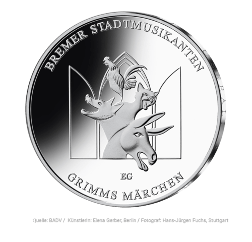 Vorderseite der 20 Euro Gedenkmünze Bremer Stadtmusikanten 2017 von Hersteller Münze Deutschland