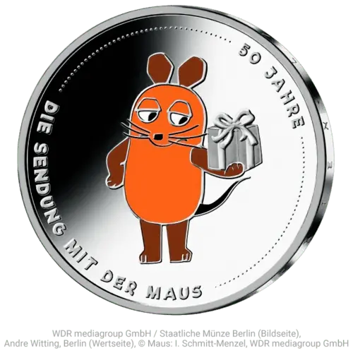 Vorderseite der 220 Euro Sammlermünze 50 Jahre Sendung mit der Maus 2021 von Hersteller Münze Deutschland Vorderseite der 220 Euro Sammlermünze 50 Jahre Sendung mit der Maus 2021 von Hersteller Münze Deutschland