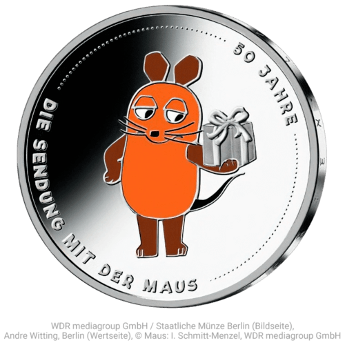 Vorderseite der 220 Euro Sammlermünze 50 Jahre Sendung mit der Maus 2021 von Hersteller Münze Deutschland