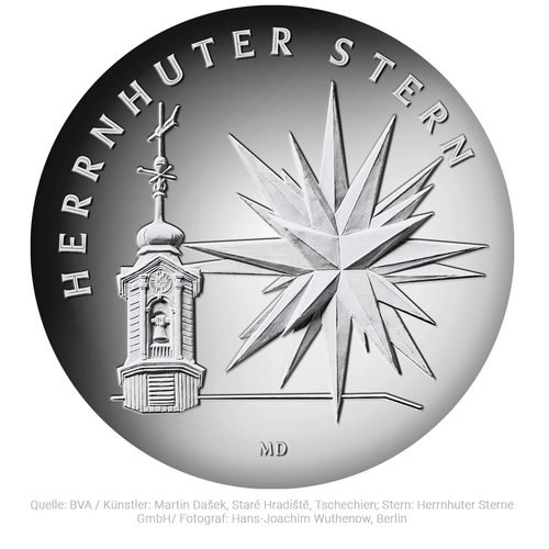 Vorderseite der 25 Euro Sammlermünze Weihnachten Herrnhuter Stern 2022 von Hersteller Münze Deutschland