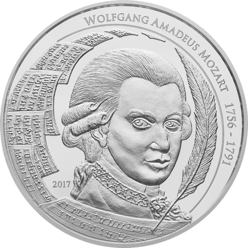 Vorderseite der 1 Unze Silber Mozart 2017 von Hersteller philoro Edelmetalle GmbH