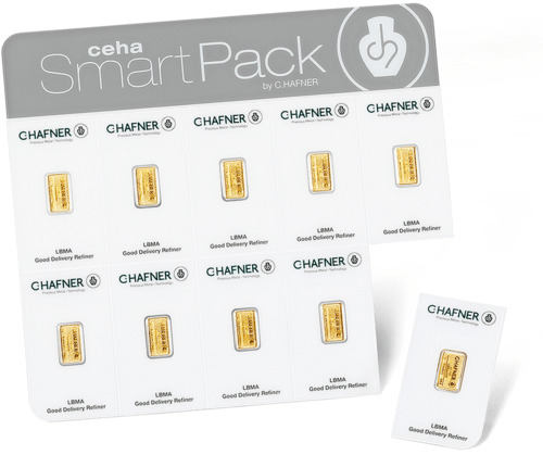 Vorderseite Goldbarren SmartPack 10x1 Gramm in spezieller Blisterkarte mit Zertifikat, der Hersteller C. Hafner