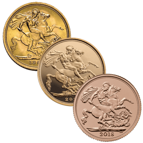 Vorderseite 3 Goldmünzen 7,32 Gramm Full Sovereign diverse Jahrgänge, der Hersteller Royal Mint