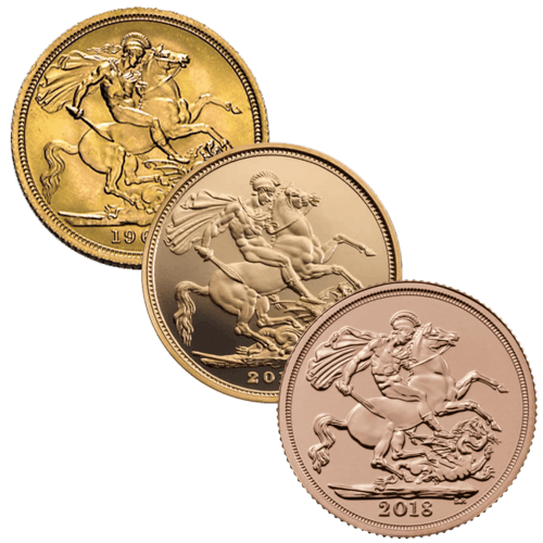 Vorderseite 3 Goldmünzen 7,32 Gramm Full Sovereign diverse Jahrgänge, der Hersteller Royal Mint