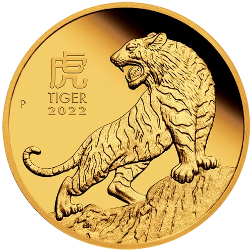 Vorderseite Goldmünze 1/10 Unze Lunar III Tiger 2022, der Hersteller Perth Mint Australia