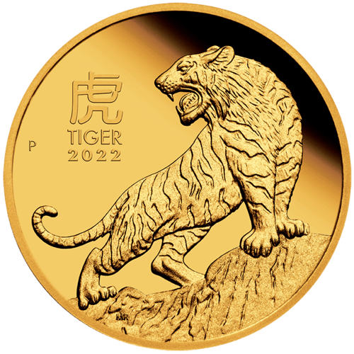 Vorderseite Goldmünze 1/4 Unze Lunar III Tiger 2022, der hersteller Perth Mint Australia