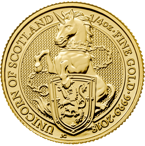 Vorderseite Goldmünze 1/4 Unze The Queen´s Beasts - Unicorn of Scotland 2018, der Hersteller Royal Mint