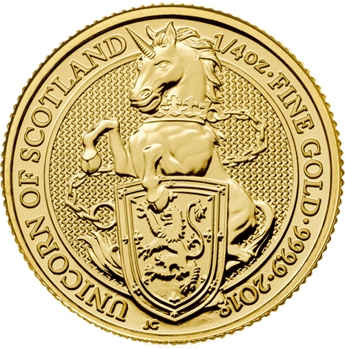 Vorderseite Goldmünze 1/4 Unze The Queen´s Beasts - Unicorn of Scotland 2018, der Hersteller Royal Mint