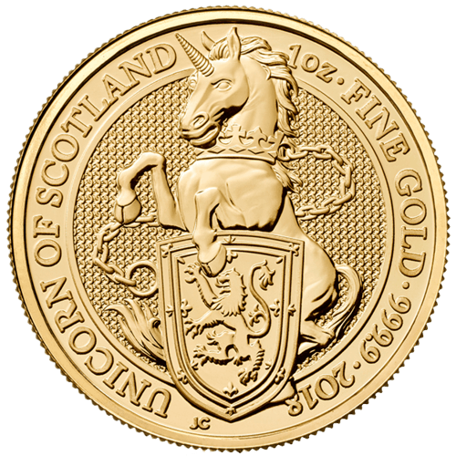 Vorderseite Goldmünze 1 Unze The Queen´s Beasts - Unicorn of Scotland 2018, der Hersteller Royal Mint