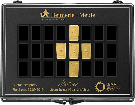 Vorderseite Goldbarren 5x1 Gramm, der Hersteller Heimerle & Meule