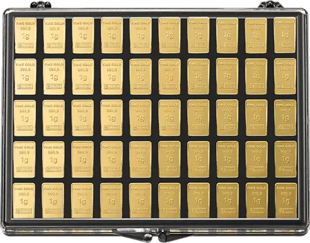 Vorderseite Goldbarren 50 x 1 Gramm in Blisterkarte, der Hersteller Heimerle & Meule