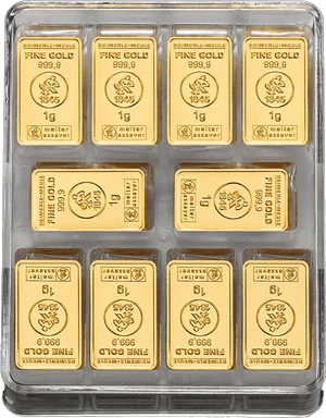 Vorderseite Goldbarren 250 x 1 Gramm UnityBox L, der Hersteller Heimerle & Meule Vorderseite Goldbarren 250 x 1 Gramm UnityBox L, der Hersteller Heimerle & Meule