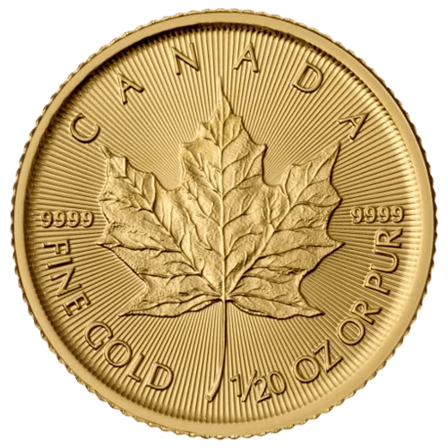 Vorderseite Goldmünze 1/20 Unze Maple Leaf diverse Jahrgänge, der Hersteller Royal Canadian Mint