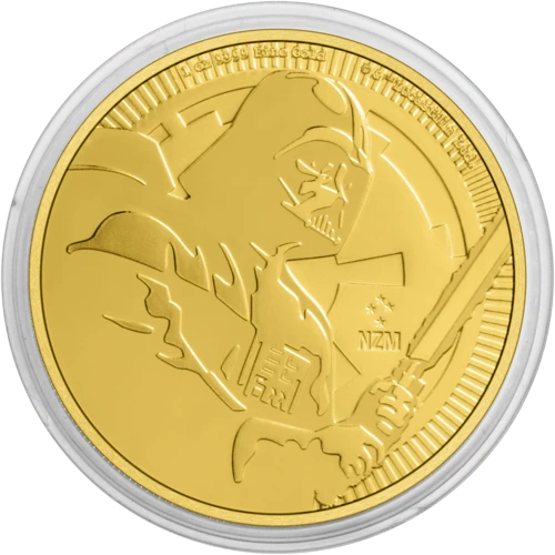 Vorderseite Goldmünze 1 Unze Star Wars Darth Vader 2020 in einem Münzkapsel, der Hersteller New Zealand Mint