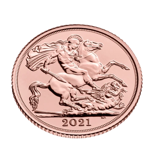 Obenansicht Vorderseite Goldmünze 7,32 Gramm Full Sovereign 2021, der Hersteller Royal Mint