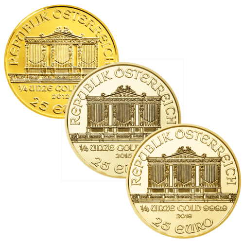Rückseite 3 Goldmünzen 1/4 Unze Wiener Philharmoniker diverse Jahrgänge, der Hersteller Münze Österreich