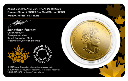 Rückseite Assay Certificate / Prüfungszertifikat für Goldmünze 1 Unze Kanada Rotluchs 2020